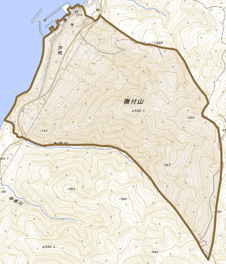字汐吹とその周辺の地図。町の範囲を重ねている