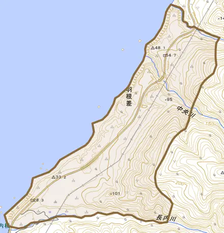 字羽根差とその周辺の地図。町の範囲を重ねている