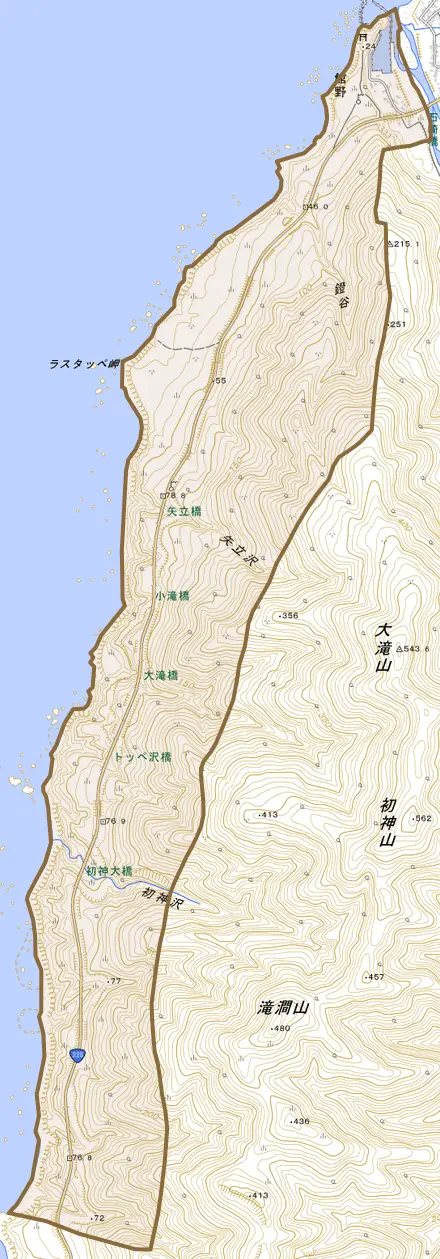 字館野とその周辺の地図。町の範囲を重ねている