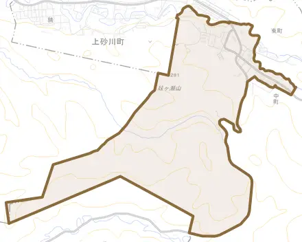 字上砂川とその周辺の地図。町の範囲を重ねている