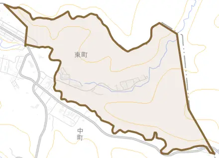字西山とその周辺の地図。町の範囲を重ねている