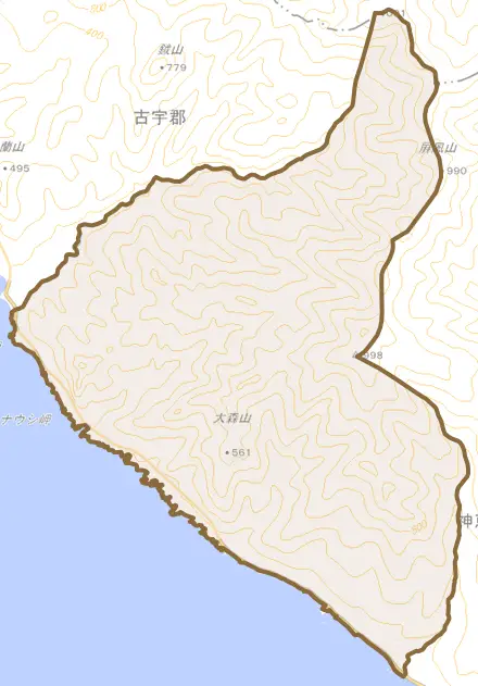 大字赤石村とその周辺の地図。町の範囲を重ねている