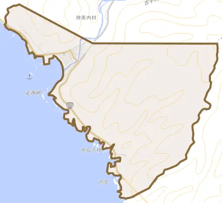 大字神恵内村とその周辺の地図。町の範囲を重ねている