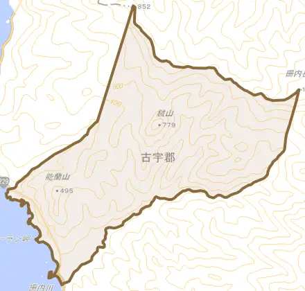 大字珊内村とその周辺の地図。町の範囲を重ねている