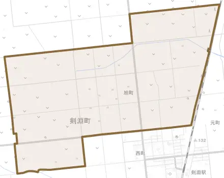 旭町とその周辺の地図。町の範囲を重ねている
