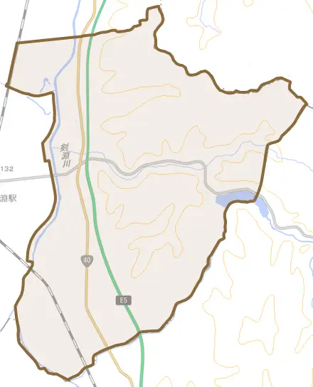 東町とその周辺の地図。町の範囲を重ねている