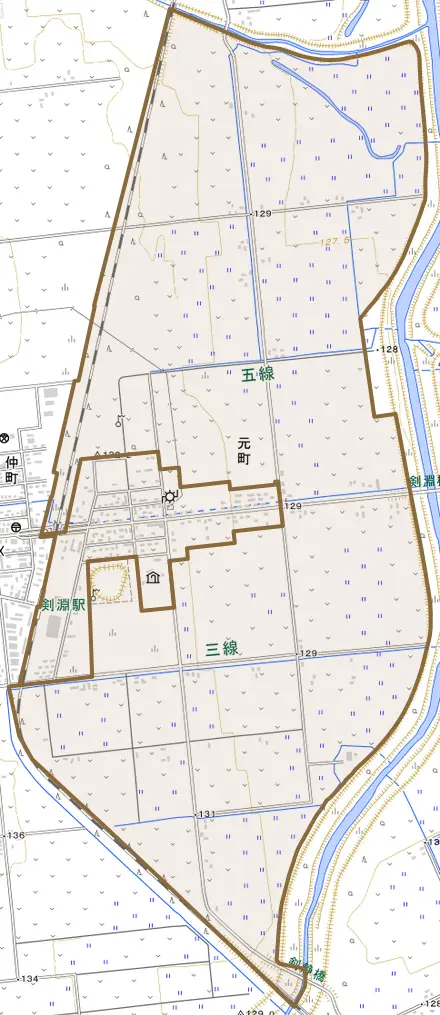元町とその周辺の地図。町の範囲を重ねている