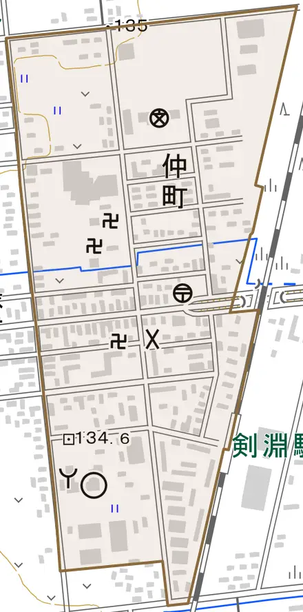 仲町とその周辺の地図。町の範囲を重ねている