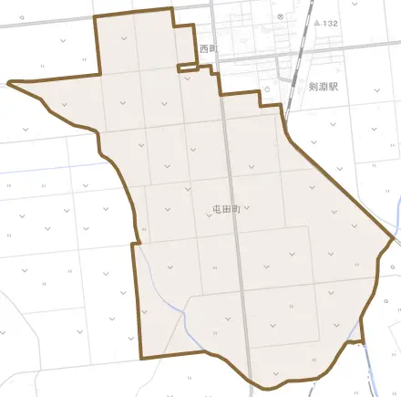 屯田町とその周辺の地図。町の範囲を重ねている