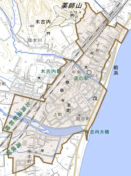 字本町とその周辺の地図。町の範囲を重ねている