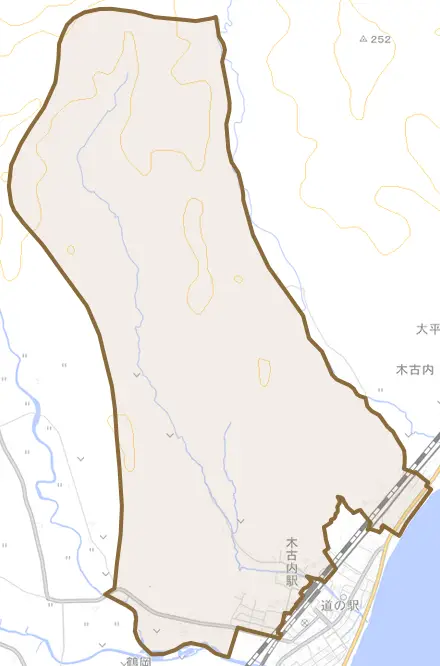 字木古内とその周辺の地図。町の範囲を重ねている