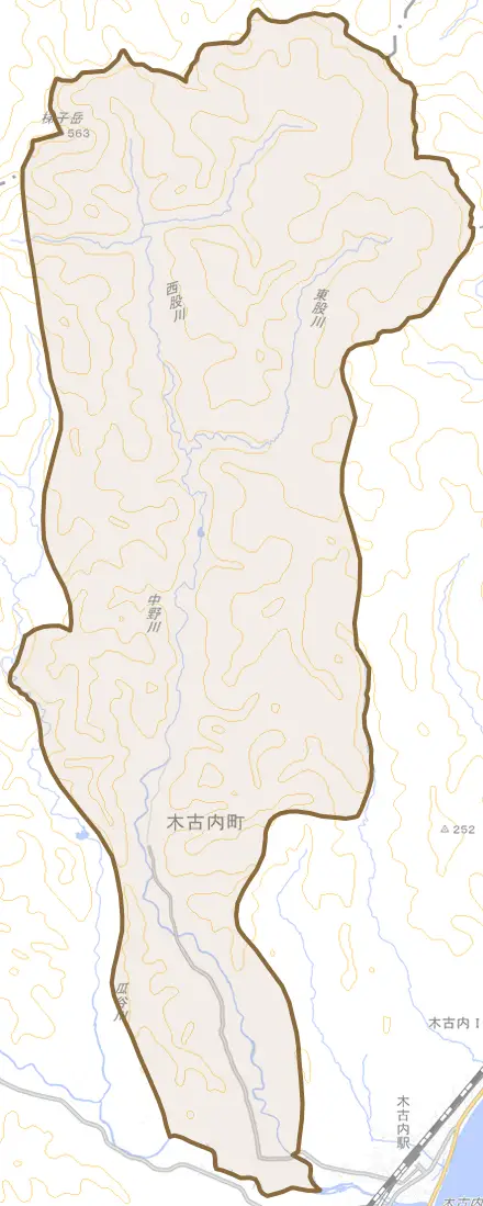 字中野とその周辺の地図。町の範囲を重ねている