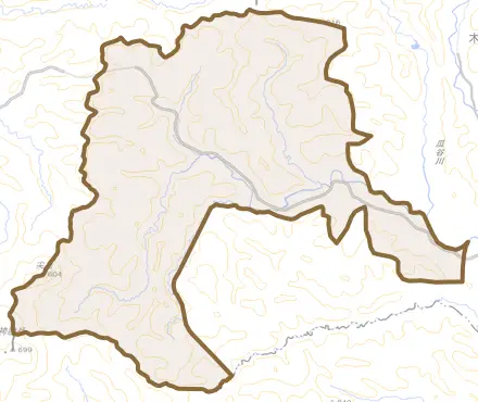 字大川とその周辺の地図。町の範囲を重ねている