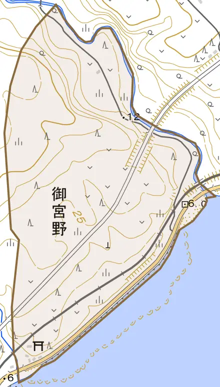 字御宮野とその周辺の地図。町の範囲を重ねている