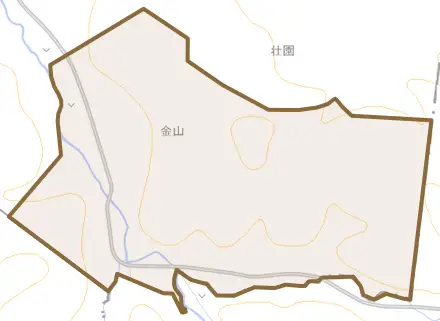 字金山とその周辺の地図。町の範囲を重ねている