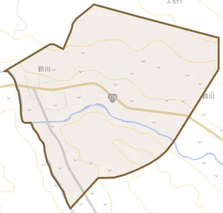 字鈴川とその周辺の地図。町の範囲を重ねている