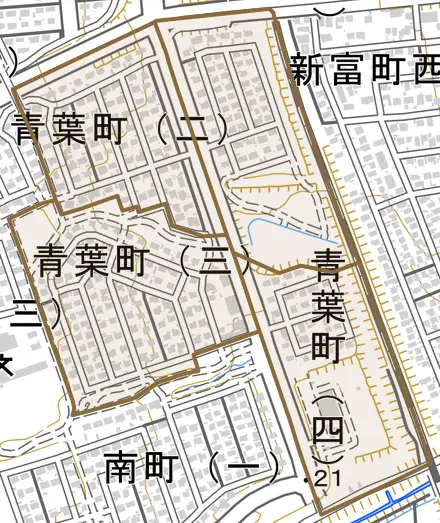 青葉町とその周辺の地図。町の範囲を重ねている