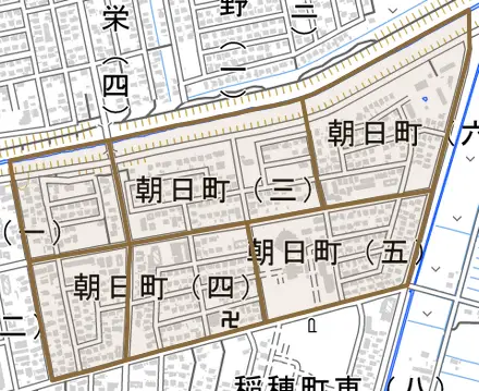 朝日町とその周辺の地図。町の範囲を重ねている