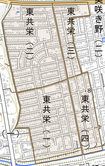 東共栄とその周辺の地図。町の範囲を重ねている