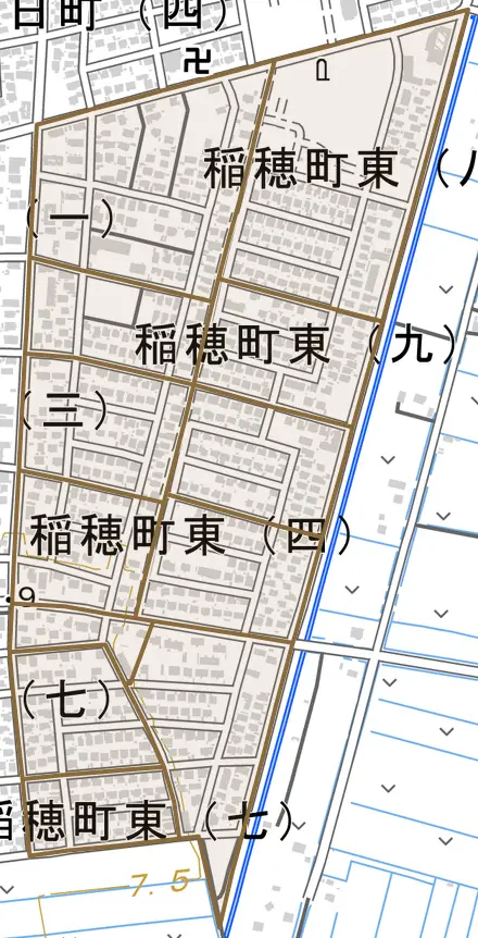 稲穂町東とその周辺の地図。町の範囲を重ねている