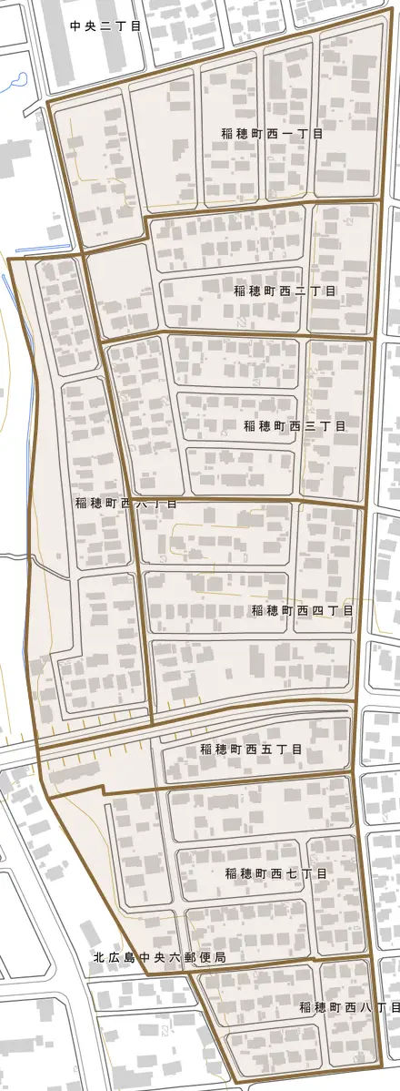 稲穂町西とその周辺の地図。町の範囲を重ねている
