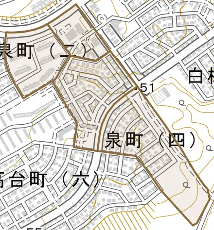 泉町とその周辺の地図。町の範囲を重ねている
