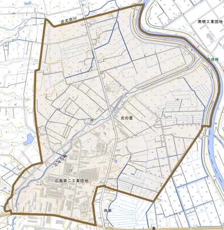 北の里とその周辺の地図。町の範囲を重ねている
