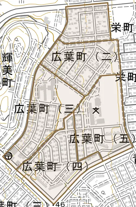 広葉町とその周辺の地図。町の範囲を重ねている