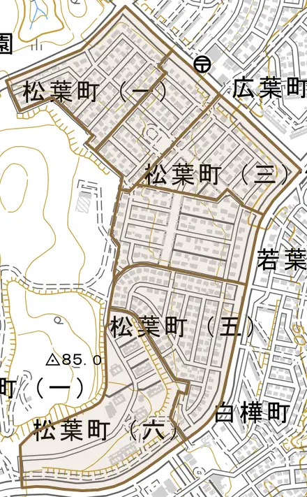 松葉町とその周辺の地図。町の範囲を重ねている