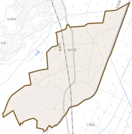 南の里とその周辺の地図。町の範囲を重ねている