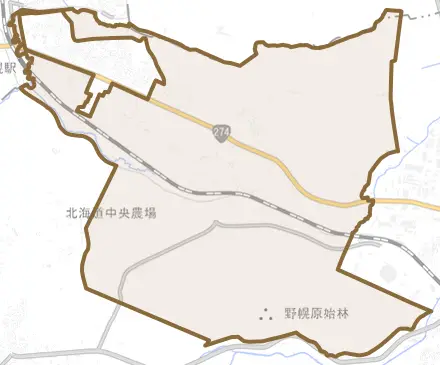 西の里とその周辺の地図。町の範囲を重ねている