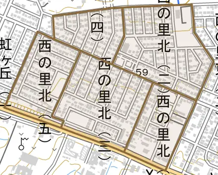 西の里北とその周辺の地図。町の範囲を重ねている
