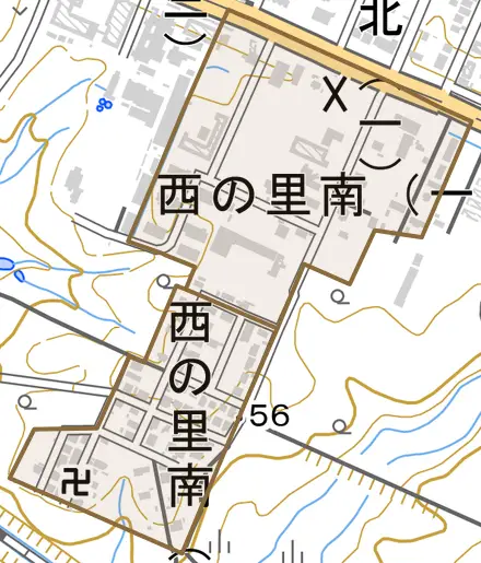 西の里南とその周辺の地図。町の範囲を重ねている