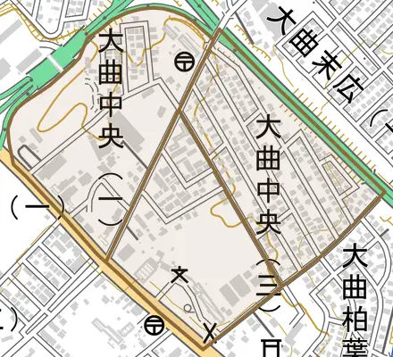 大曲中央とその周辺の地図。町の範囲を重ねている