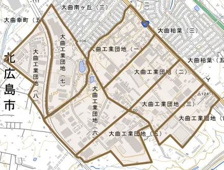 大曲工業団地とその周辺の地図。町の範囲を重ねている