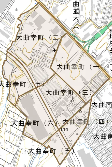 大曲幸町とその周辺の地図。町の範囲を重ねている