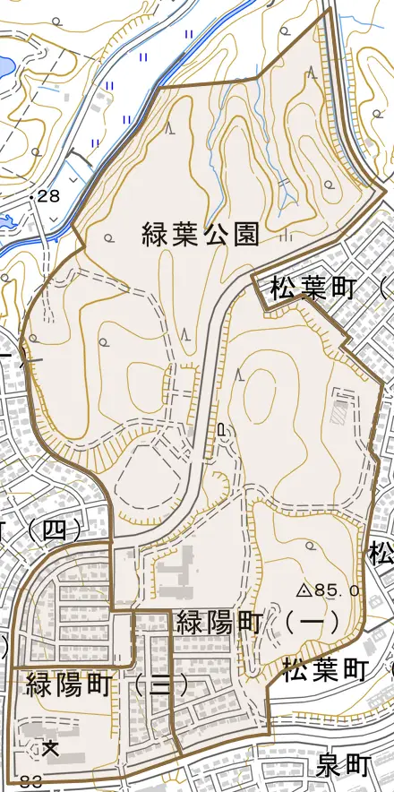 緑陽町とその周辺の地図。町の範囲を重ねている