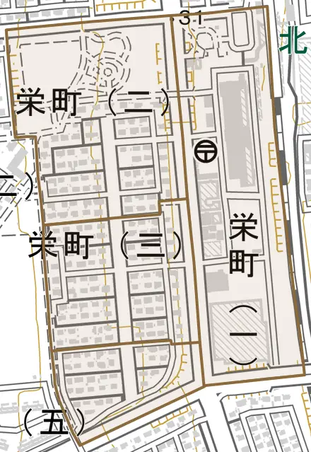 栄町とその周辺の地図。町の範囲を重ねている