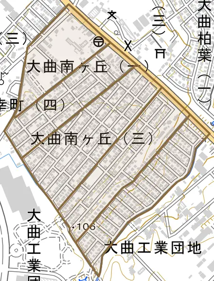 大曲南ヶ丘とその周辺の地図。町の範囲を重ねている
