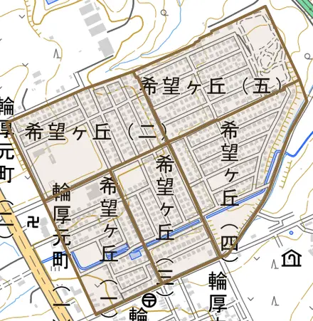 希望ヶ丘とその周辺の地図。町の範囲を重ねている