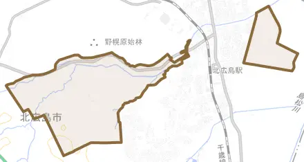 中の沢とその周辺の地図。町の範囲を重ねている