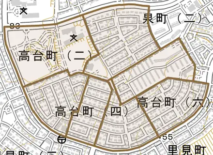 高台町とその周辺の地図。町の範囲を重ねている