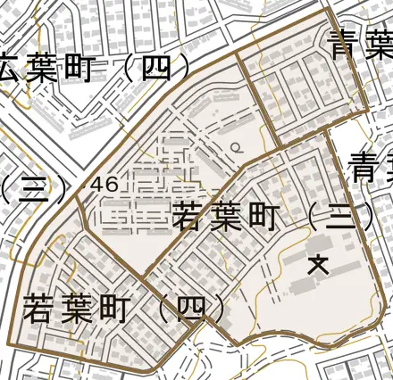若葉町とその周辺の地図。町の範囲を重ねている