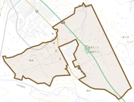 輪厚とその周辺の地図。町の範囲を重ねている
