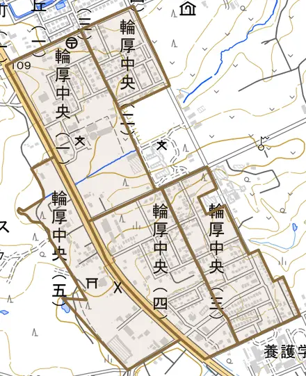 輪厚中央とその周辺の地図。町の範囲を重ねている