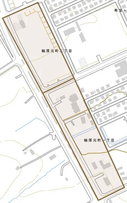 輪厚元町とその周辺の地図。町の範囲を重ねている