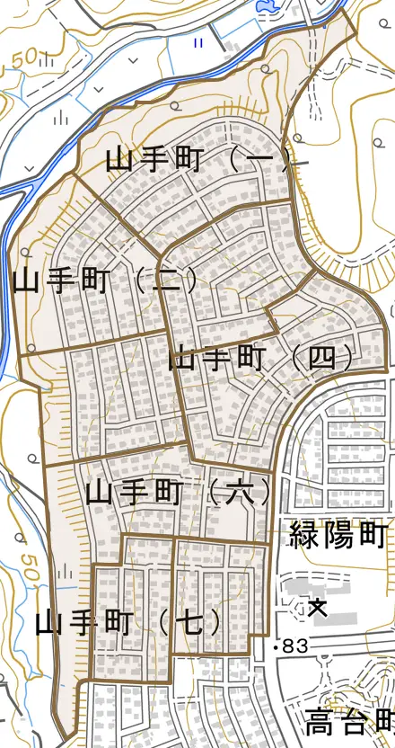 山手町とその周辺の地図。町の範囲を重ねている