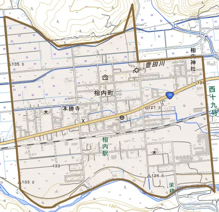 相内町とその周辺の地図。町の範囲を重ねている