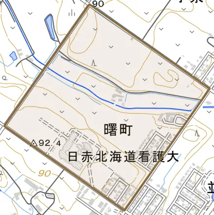 曙町とその周辺の地図。町の範囲を重ねている