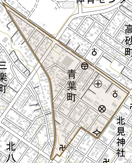 青葉町とその周辺の地図。町の範囲を重ねている